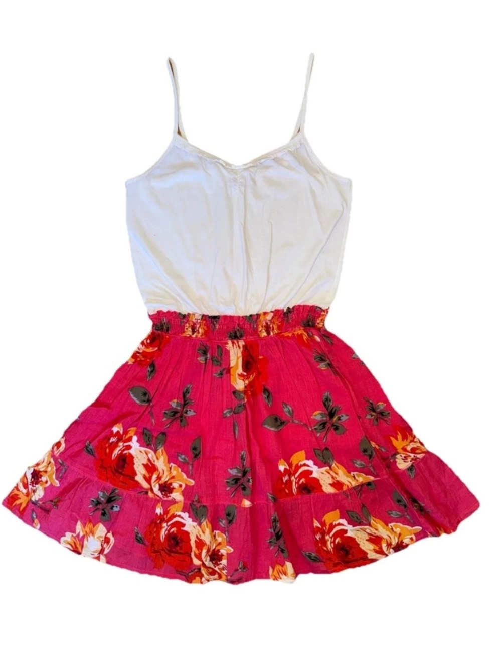 Women Sz M Joint White Spagetti Strap Top & Coral Pink Skirt Cotton Dress Short